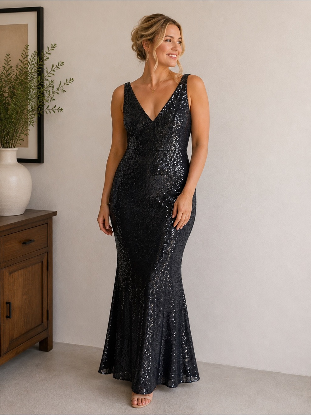Lulu's Black Sequin V-Neck Gown